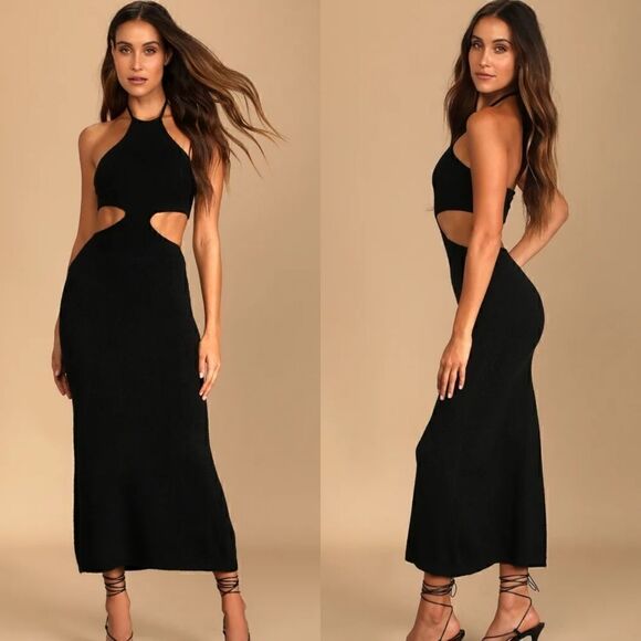 NWT🏷️✨Lulu's Lush for Life Black Cutout Halter Knit Midi Dress Size Medium - Picture 1 of 9